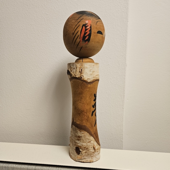 Artisan Wood Kokeshi Doll - Black and Red Accents Birch Wood 11.5" - Picture 4 of 9